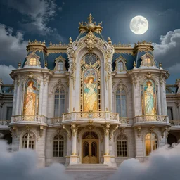 fantasy, rococo palace, art deco style, cloud sky and moon night background, high detail, cinematic lighting, concept art, digital art, illustration, smooth, sharp focus, greg rutkowski, alphonse mucha, loish, wlop, trending on artstation, trending on deviantart