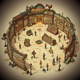 Steampunk grocery store overview mapa design, Moebius, Greg Rutkowski, Zabrocki, Karlkka, Jayison Devadas, Phuoc Quan, trending on Artstation, 8K, ultra wide angle, pincushion lens effect