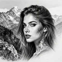 amazing fade art of a hyper realistic mountain scenery with a beautiful woman face, tattoo design sketch, in the style of matteo pasqualin, hyper - realistic, amazing detail, black and white