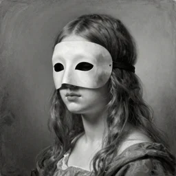 The blind beautiful woman in mask in the old masters style, grisaille, highly detailed oil painting, 4k, masterpiece