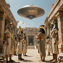 Aztec priests greeting aliens descending from a spacecraft in an ancient Aztec temple. 8K Realistic fantasy artwork by Tom rutkowski and pascal votan. Trending on artstation