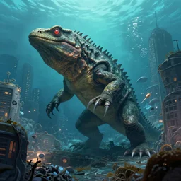 an underwater city attacked by a lizard like behemoth by kotakan