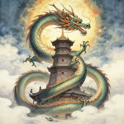 majestic japanese dragon, ryuu, winding around a gigantic tower, reaching for the sky, wadim kashin