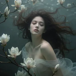 goddess of magnolias, wind swept hair, murky underwater and dreaming by jeremy lipkin, vincent di fate, hieronymus bosch, rule of thirds, seductive look, beautiful