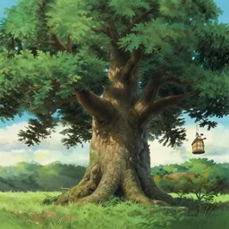 a huge ancient oak in the style of studio ghibli