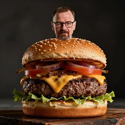 Walter White, Heisenberg, Depicted as a large angus steakburger, food photography, body horror