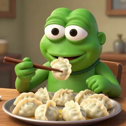 happy pepe eats dumplings, concept art, trending on artstation, highly detailed, intricate, sharp focus, digital art, 8 k