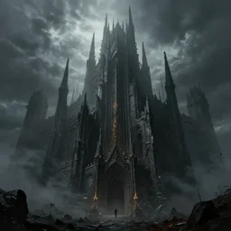 grimdark fantasy fortress, terrifying, looming, dark, fog, artstation