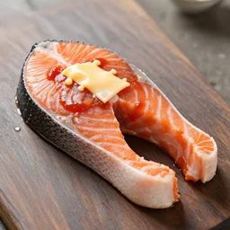 A piece of raw salmon with ketchup and cheese on it