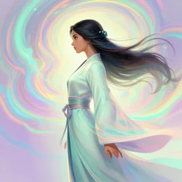 side profile, maya ali as a wind sorcerer, dota 2, robes, elegant, concept art, smooth, psychedelic, colorful swirly magic ripples, pastel colors, by huang guangjian, sachin teng, greg rutkowski, jesper ejsing, ilya kuvshinov, artgerm, mucha