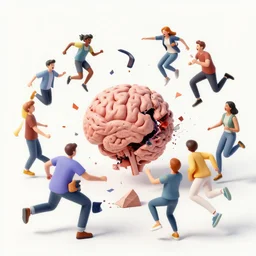 people talking running joking jumping. chaos. human mind in the centre. alla collapsing. 4 k. surrealist. psychedelic.