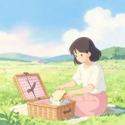 landscape, a girl unpacking her picnic basket, a blt sandwich, gentle gradients, sunlit, blue sky, japanese countryside. green and pink and blue, happy pastel watercolour, by chihiro iwasaki