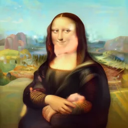 a portrait of peter griffin painted by leonardo da vinci. peter griffin in the painting is shown seated with his hands folded in his lap. he is wearing a simple dress with a pattern of flowers. his hair is pulled back from his face and he has a small, faint smile. the background of the painting is a landscape of rolling hills and mountains. the sky is a light blue, and there are small clouds in the distance,