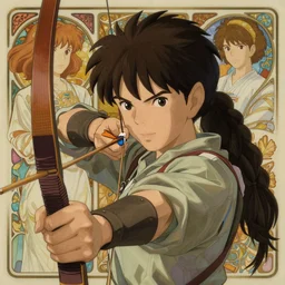 portrait of an amazon notching her bow, fantasy, richly defined face, highly detailed, cel shading, digital painting, anime key visual, artwork by ilya kuvshinov and hayao miyazaki and alphonse mucha