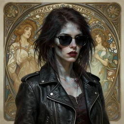 a zombie girl wearing sunglasses and a leather jacket, photography of kurzgesagt, deep focus, d & d, fantasy, intricate, elegant, highly detailed, digital painting, artstation, concept art, matte, sharp focus, illustration, hearthstone, art by artgerm and greg rutkowski and alphonse mucha