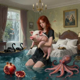 tall emo girl holding a pig in her flooded bedroom, pomegranates, octopus, luxury apartment, art on the walls, surreal photography, fish, zen, waterfall, black swans, canoe, berries, surrealist, digital painting, artstation, by magritte