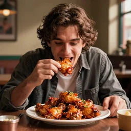 tony hawk eating buffalo chicken wings at central perk from friends, soft lighting, super detailed