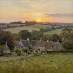 beautiful oil landscape painting of an old quaint English village in the countryside, fields, sunset, ambient light, high detail