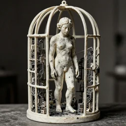 extreme harsh lighting antique photograph of biomorphic surreal sculpture of a standing figure of a mourning survivor in an ivory cage, made of plaster and old circuitry and stained with charcoal, fractal 3 d structure, sculpted by alexander rodchenko and eva hesse, photographed by francesca woodman, tragic grainy shallow depth of field high contrast shocking detail trending on artstation 8 k