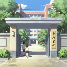 a beautiful picture of the entrance of an high school, art by masaaki yuasa, and greg rutkowski, trending on artstation