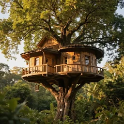 beautiful fantasy treehouse, golden hour lighting