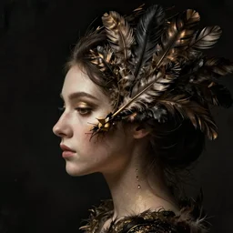 a woman's face in profile, made of intricate feathers, in the style of the dutch masters and gregory crewdson, dark and moody