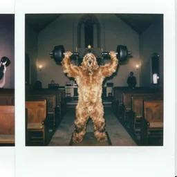 oversized cocker spaniel bodyuilder pumping iron, in church, full body, nighttime, cinematic focus, polaroid photo, vintage, neutral dull colors, soft lights, foggy, overcast by oleg oprisco, by thomas peschak, by discovery channel, by victor enrich, by gregory crewdson
