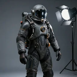 studio photo still of a newtsuit, atmospheric diving hard suit, 8 k, studio lighting, key light from right side,