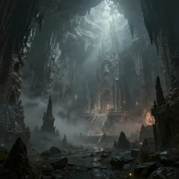 dwarven underground city thick with smog, stalactite structures, artstation dark fantasy