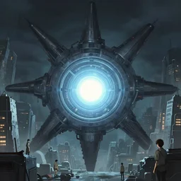 teleportation machine in a dystopian world, with people using it to escape the city, the machine is a large metal contraption with a bright light in the center by taiyo matsumoto