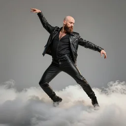 gay bald bearded man with leather clothes dancing on the clouds, bald, Artstation