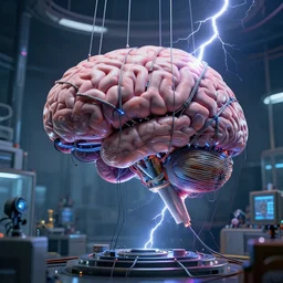 giant brain held by cables in a laboratory, lightning, cinematic, intricate, abstract, artstation, greg rutkowski, dan mumford, wlop, beeple, octane render