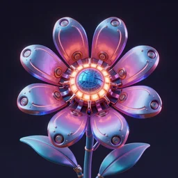 a portrait of a mechanical flower, octane 3 d, octane render, unreal engine, volumetric lighting, artstation, highly detailed, sharp focus, vaporwave colors, neon glow, illuminated details