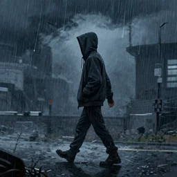 hooded figure walking in a thunderstorm, illustration, 4 k, highly detailed