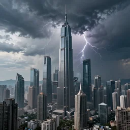 Wide shot of colossal futuristic megacity towering across the landscape, thunder storm, +Ralph McQuarrie+, EOS-1D, f/16, ISO 200, 1/160s, 8K