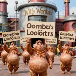 willy wonka's oompa loompas holding up signs and protesting outside the factory against unfair work conditions