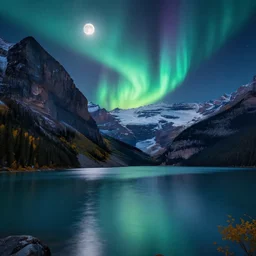 a matte painting of Lake Louise in fall, moonlight, northern lights, highly detailed, artstation