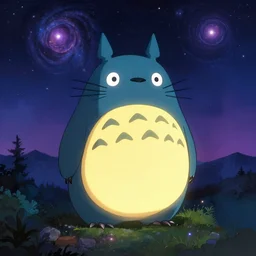 glowing snorlax totoro, mountain landscape, night sky, digital art, digital painting, celestial, majestic, colorful