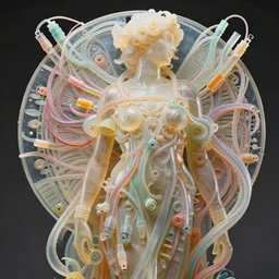 high quality, high detailed, translucent abstract sculpture, dieselpunk, hyperrealism, intricate details, tubes, cables, wires. octane, sss, connectors. tristan eaton, victo ngai, artgerm, rhads, ross draws, alphonse mucha, pastel colors, vintage, artstation, k rococo, baroque