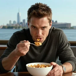jc denton from deus ex videogame eats cereal at a table, liberty island on background, high quality, highly detailed face, smooth, sharp focus, 4 k, hd