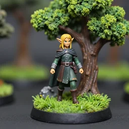 dnd miniature of an elf standing on a grassy plinth with a model tree in the background, depth of field, dslr, 8k, hand painted