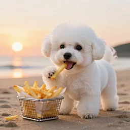 a photorealistic photograph of a smiling white bichon puppy eating basket of french fries during sunset at the beach Trending on artstation, featured on Behance, well-rendered, Unreal Engine, 4K HD
