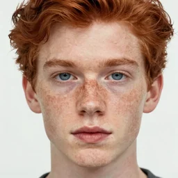 face portrait of a thin young man with red hair and freckles, blue eyes, a long nose, highly detailed, digital art