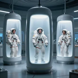 epic professional digital art of astronauts in upright futuristic slim suspended animation chambers with frosted windows, hamish frater, jim burns, hd, 4 k