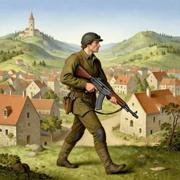 a man walking around a town with a assault rifle, in the style of Hieronymus Bosch.