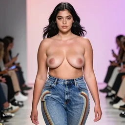 olivia wearing a mobius strip jeans, runway model at new york fashion week, fit curvy physique, black hair, freckles, pale skin, photo by greg rutkowski, half body portrait, stage lighting, soft colors, female beauty, intricate detail, elegance, 3 5 mm, depth of field, masterpiece