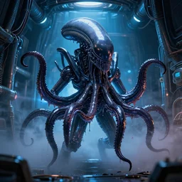 2 8 mm closeup portrait of a wet slimy dripping black metallic chrome mass effect robotic electronic neon cthulhu lovecraft octopus xenomorph alien sentinel with glowing eyes in cylindrical science fiction spaceship fusion tesla coil engine room, pipes, wires, dramatic lighting, octane, blue lights, lens flare, industrial, dirty, trending on artstation, golden ratio, h. r. giger, mist, action, volumetric lighting
