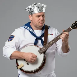 a large man in a sailor uniform wearing a tinfoil hat and playing banjo, photograph, photorealistic, promotional image