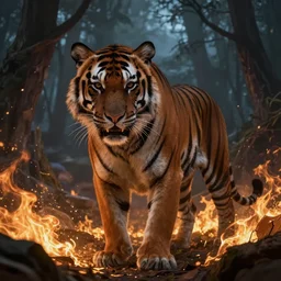 one tiger in the burning night forest, mystery, scared, fantasy, highly detailed, digital painting, concept art, sharp focus, illustration, epic light, artstation