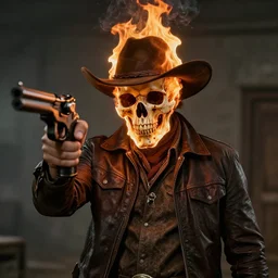 cowboy gunslinger with burning skull for a head